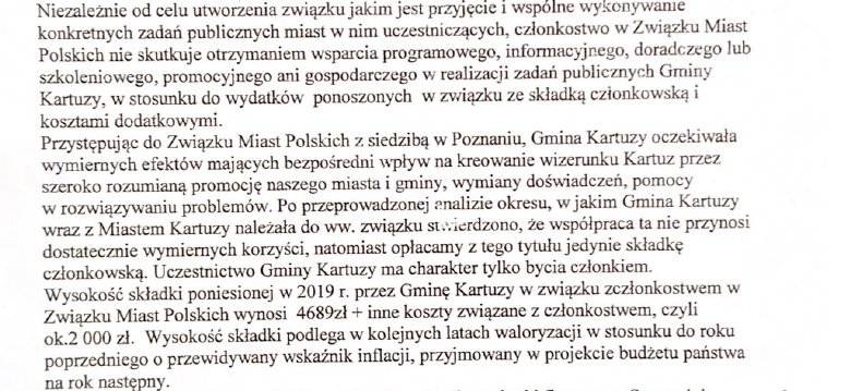 Fragment uzasadnienia uchwały ws. wystąpienia ze Związku Miast Polskich.